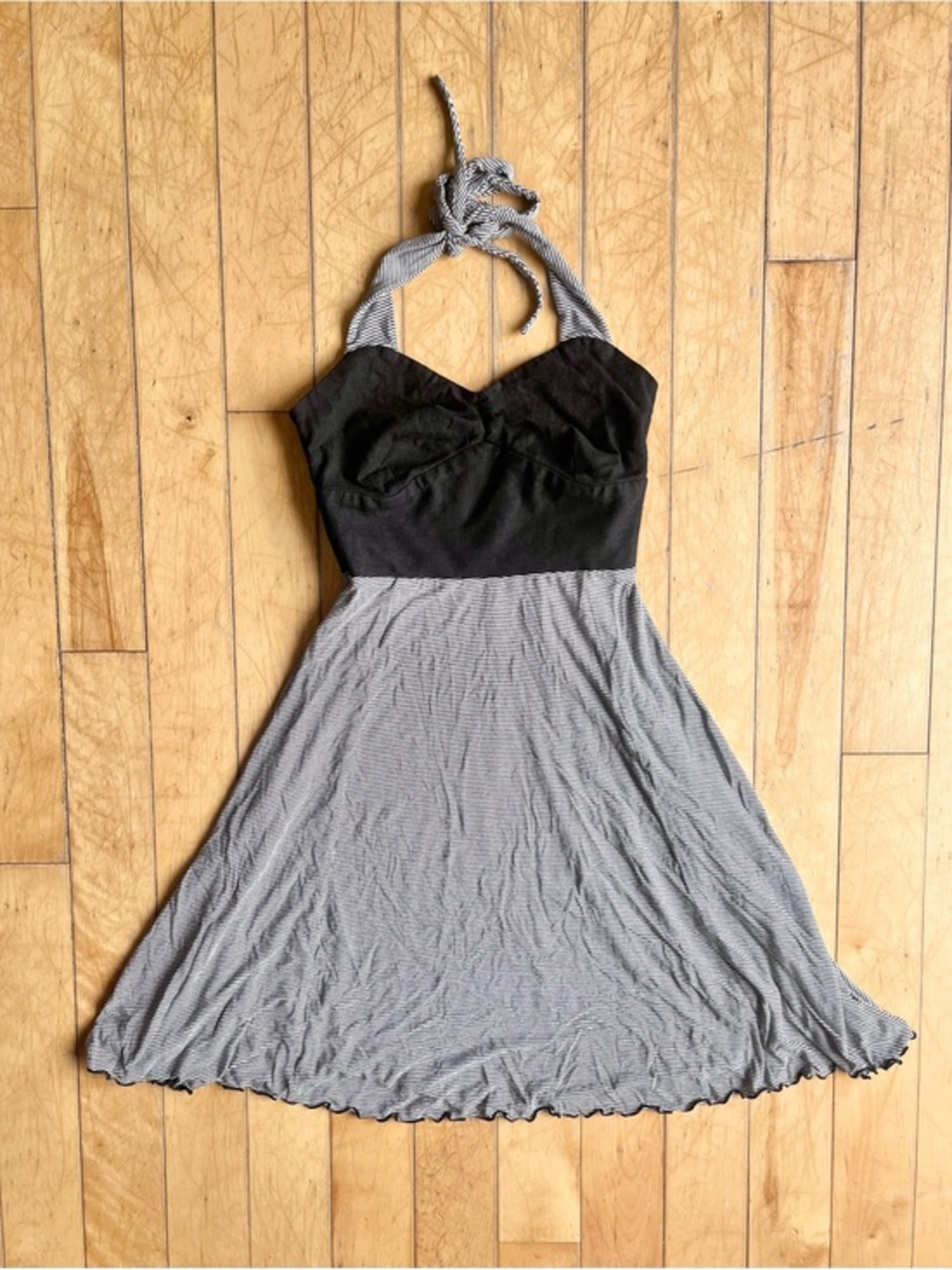 Frëtt Design Linen Blend Pin-Up Striped Halter‑Neck Fit & Flare Dress Size XS
